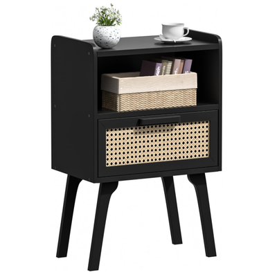 Rattan Nightstand, Bedside Table with Drawer Open Shelf, Cane Accent Side End Table with Solid Wood Legs,  Mid Century Night Stand for Bedroom, Dorm and Small Spaces - 11.81" x 15.94" x 22.87"/Black